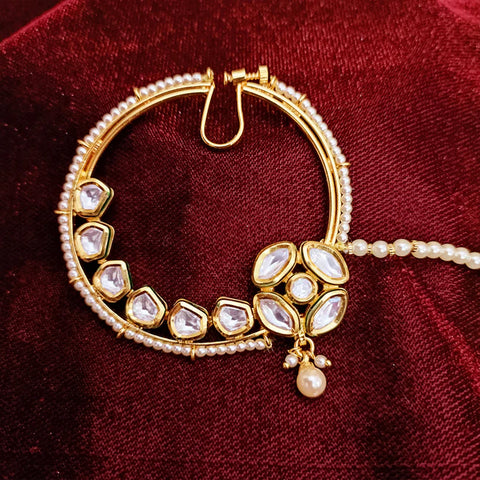 Gold Plated Royal Kundan Studded Nose Ring with Chain - NATH (Design 17)