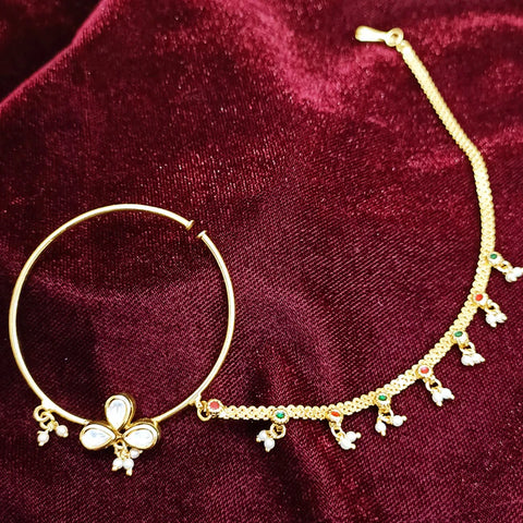 Gold Plated Royal Kundan Studded Nose Ring with Chain - NATH (Design 11)