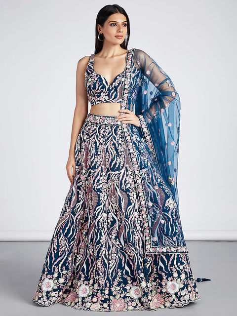 Navy Blue Multi-Sequins & Thread Work Embroidery Net Lehenga For Party Wear (D360)