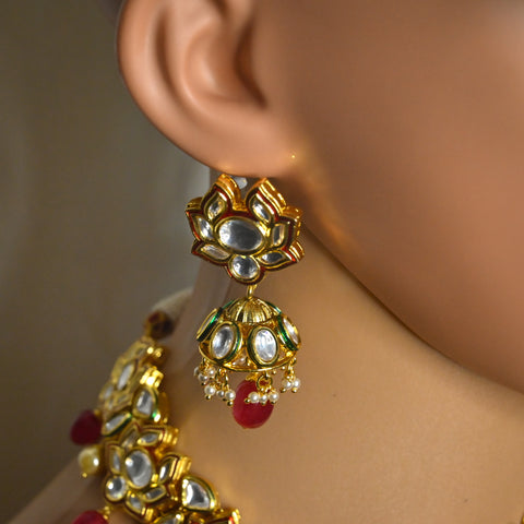 Designer Gold Plated Royal Kundan & Ruby Necklace with Earrings (D723)