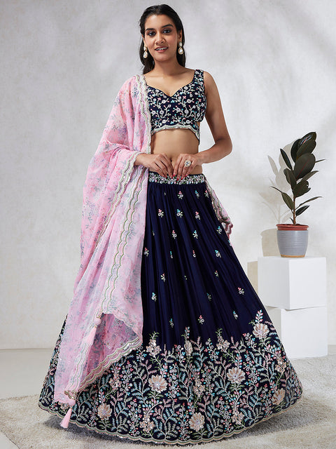 Navy Blue Color Georgette Sequins, Mirror and thread embroidery Lehenga choli For Party Wear (D401)