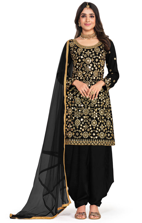Designer Black Color Embroidery & Mirror Work Readymade Salwar Suit in Silk (D927)