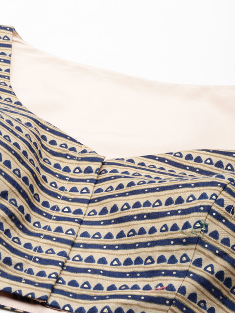 Navy Blue-Toned Cotton Silk Tribal Pattern Print Readymade Blouse (Design 1644)