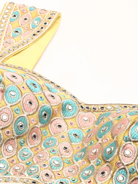 Lemon Yellow-Toned Mirror Work Pure Art Silk Readymade Blouse For Wedding & Party Wear (Design 1639)