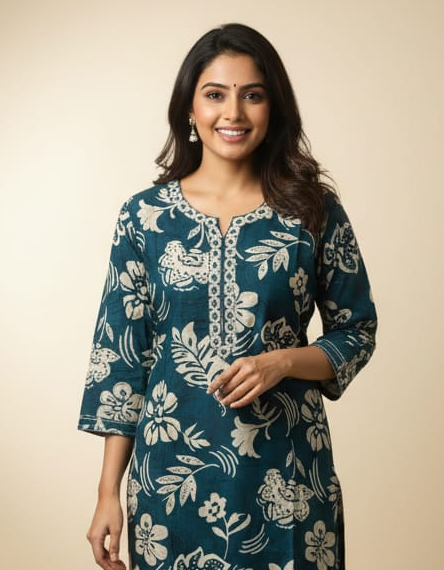 Blue Colour Cotton Printed  Long Kurti for Women (D1806)