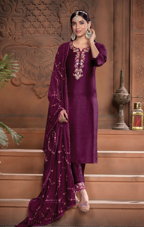 Designer Purple Color Embroidery Work Super Silk Readymade Suit With Pant (D903)