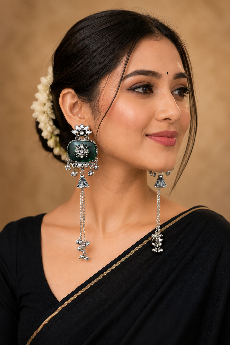 Antique Style Oxidized Long Ghungroo Earrings with Bottle Green Stone (E1220)