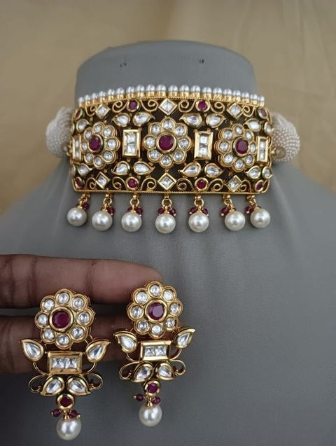 Designer Gold Plated Royal Kundan & Ruby Choker Style Necklace with Earrings (D519)