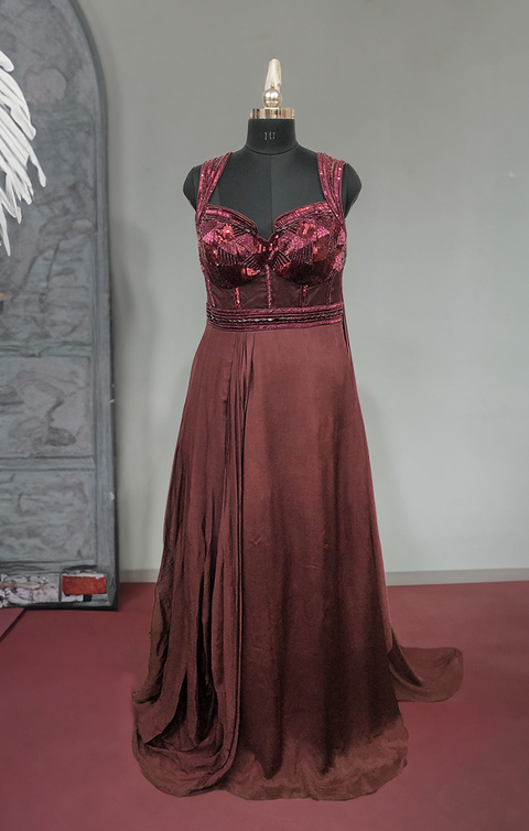 Designer Maroon Color Indo Western Gown With Beautiful Cutdana Work For Women (D7)