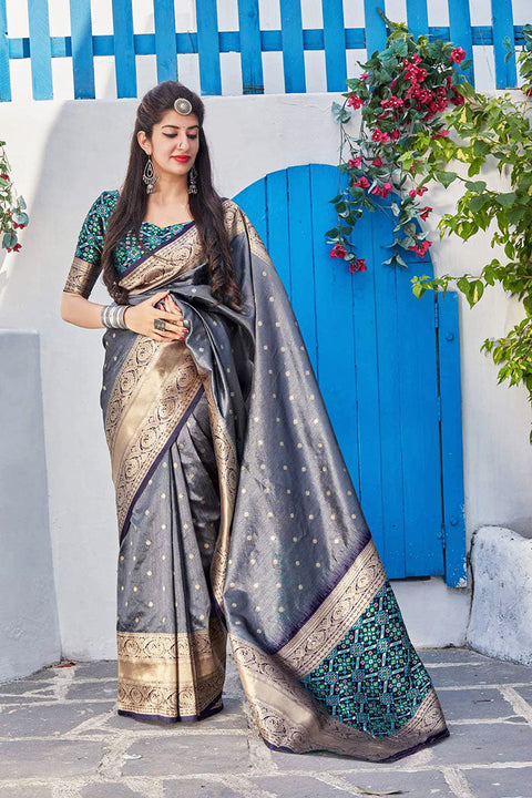 Banarasi Silk Designer Grey Color Saree - PAAIE