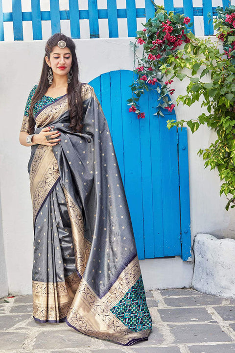 Banarasi Silk Designer Grey Color Saree - PAAIE