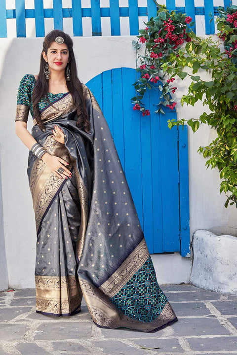 Banarasi Silk Designer Grey Color Saree - PAAIE