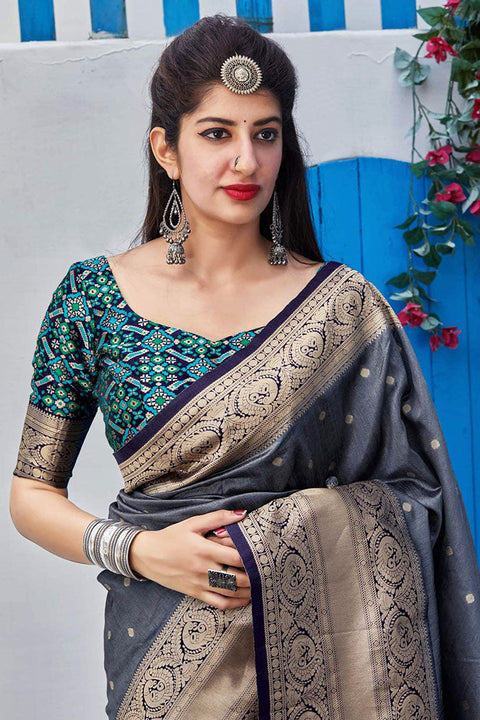 Banarasi Silk Designer Grey Color Saree - PAAIE