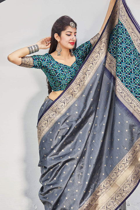 Banarasi Silk Designer Grey Color Saree - PAAIE