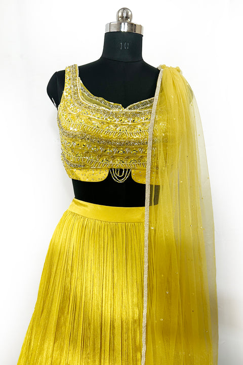 Yellow Color Embroidered Chinon Chiffon Party Wear Lehenga (D305)