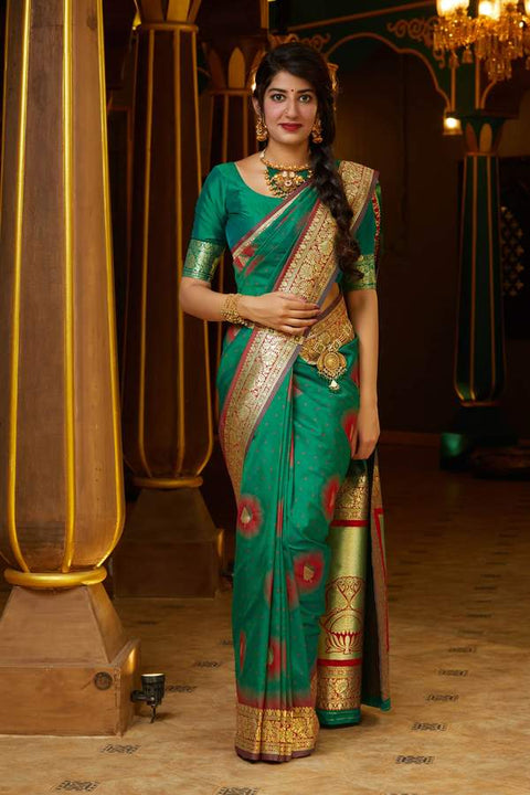 Banarasi Silk Red And Green Golden Saree - PAAIE