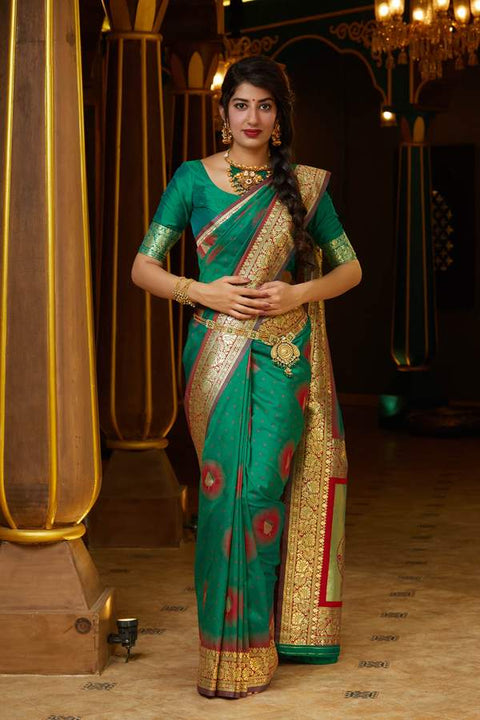 Banarasi Silk Red And Green Golden Saree - PAAIE