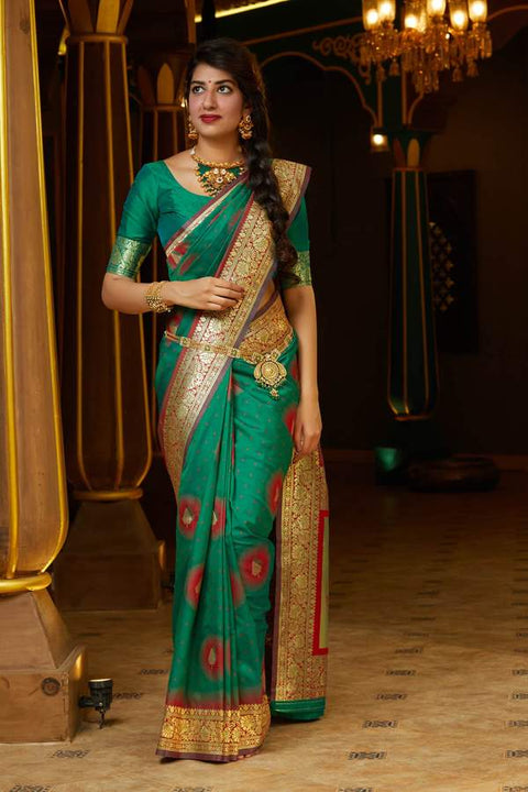 Banarasi Silk Red And Green Golden Saree - PAAIE