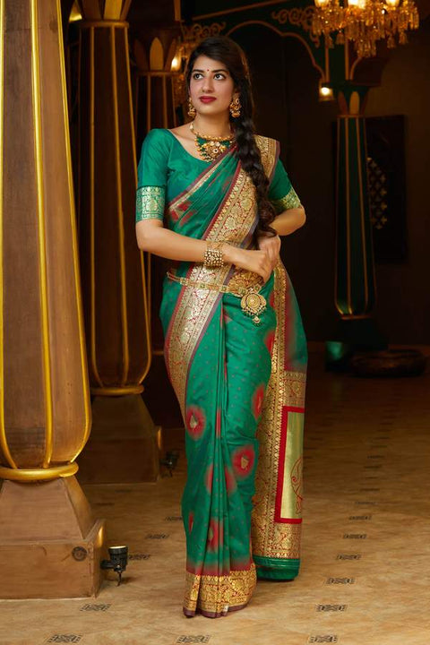 Banarasi Silk Red And Green Golden Saree - PAAIE