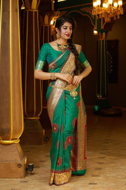 Banarasi Silk Red And Green Golden Saree - PAAIE