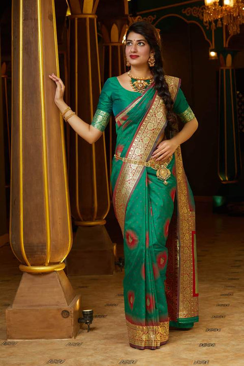 Banarasi Silk Red And Green Golden Saree - PAAIE