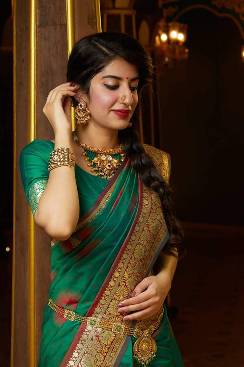 Banarasi Silk Red And Green Golden Saree - PAAIE