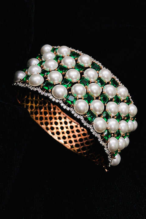 American Diamond & Semi-Precious Green Color Stone With Pearl Openable Bracelet (D162)