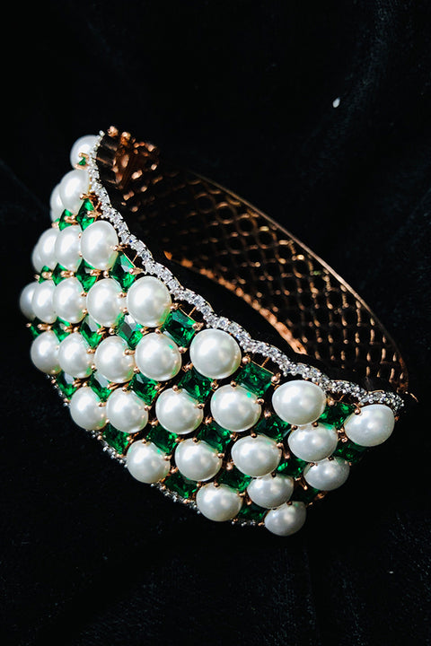 American Diamond & Semi-Precious Green Color Stone With Pearl Openable Bracelet (D162)