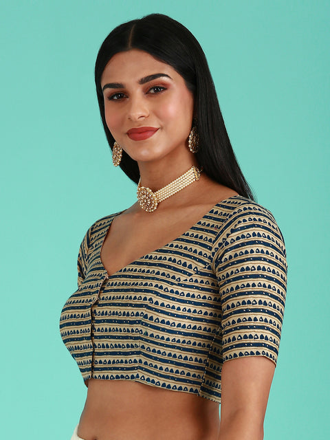 Navy Blue-Toned Cotton Silk Tribal Pattern Print Readymade Blouse (Design 1644)