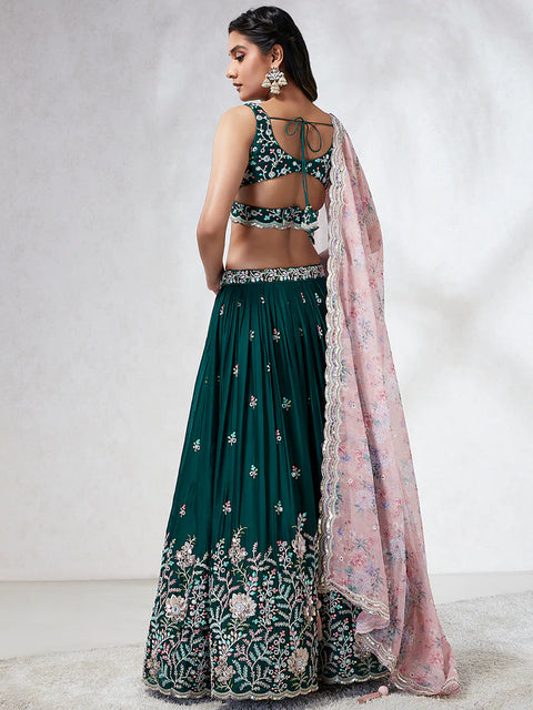 Teal Green Georgette Sequins, Mirror and thread embroidery Lehenga choli  For Party Wear (D395)