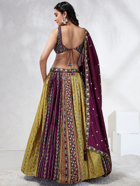 Burgundy & Mustard Yellow Print Chiffon with Sequins Embroidery Lehenga choli (D397)