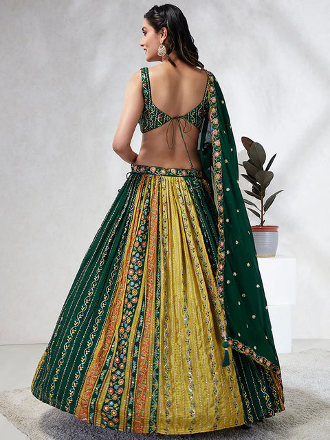 Green & Mustard Yellow Print Chiffon with Sequins Embroidery Lehenga choli (D396)