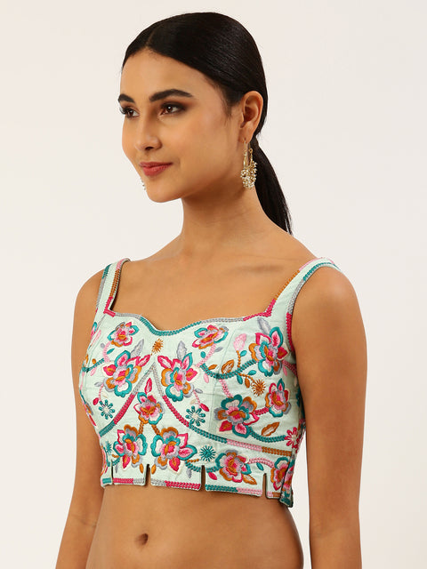 Turquoise Blue-Toned Thread Work Pure Art Silk Readymade Blouse For Wedding & Party Wear (Design 1635)