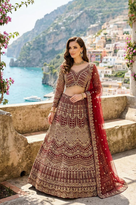 Maroon Net sequence & Cutdana Work Embroidery Lehenga & Blouse With Dupatta (D981)