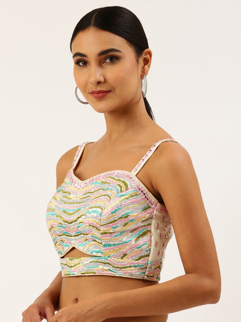 Turquoise Blue-Toned Sequinse work Pure Art Silk Readymade Blouse For Wedding & Party Wear (Design 1640)