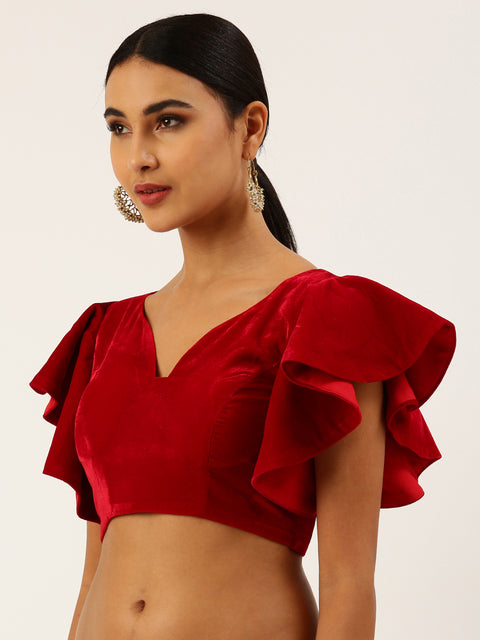 Red Velvet Ruffle Sleeves Readymade Blouse For Wedding & Party Wear (Design 1642)