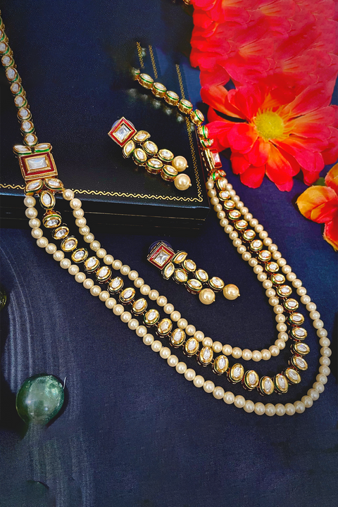 Multiple Line Pearl and Kundan Long Necklace (D968)