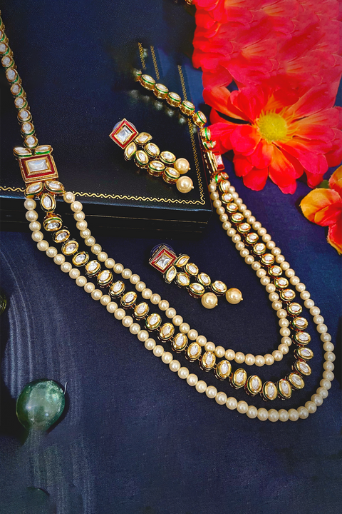Multiple Line Pearl and Kundan Long Necklace