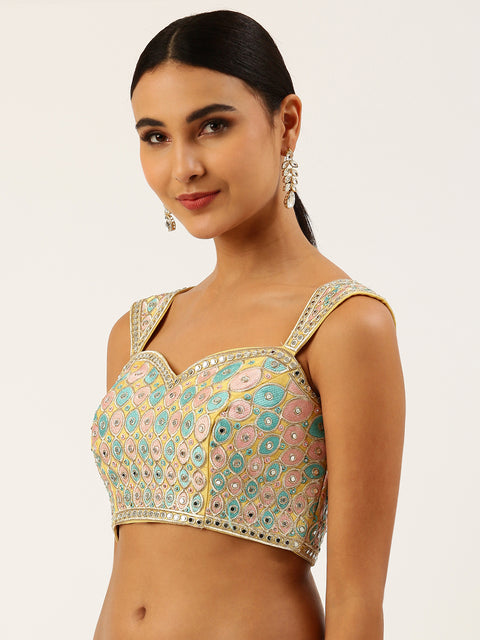 Lemon Yellow-Toned Mirror Work Pure Art Silk Readymade Blouse For Wedding & Party Wear (Design 1639)