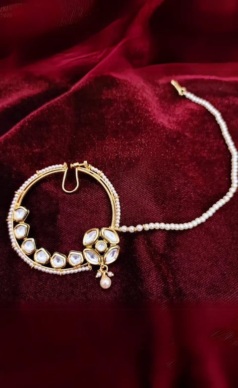 Gold Plated Royal Kundan Studded Nose Ring with Chain - NATH (Design 17)