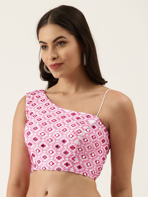 Pink & White Hand Work One Shoulder Readymade Blouse For Wedding & Party Wear (Design 1631)
