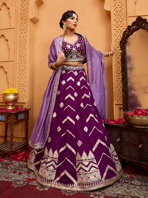 Burgundy-Silk Fabric Sequins embroidery Lehenga & Blouse With Dupatta (D928)