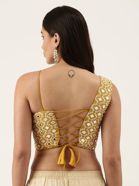 Mustard Hand Work One Shoulder Readymade Blouse For Wedding & Party Wear (Design 1630)