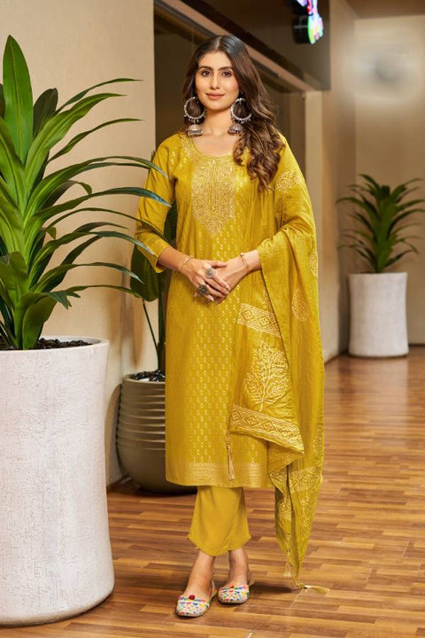 Mustard Yellow Color Rayon Readymade Pant Style Suit with Dupatta (D1050)