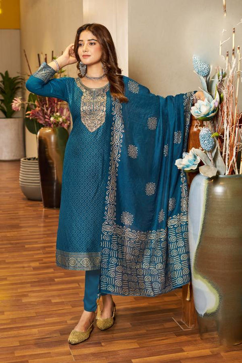 Teal Blue Color Rayon Readymade Pant Style Suit with Dupatta (D1048)