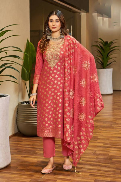 Dark Peach Color Rayon Readymade Pant Style Suit with Dupatta (D1047)