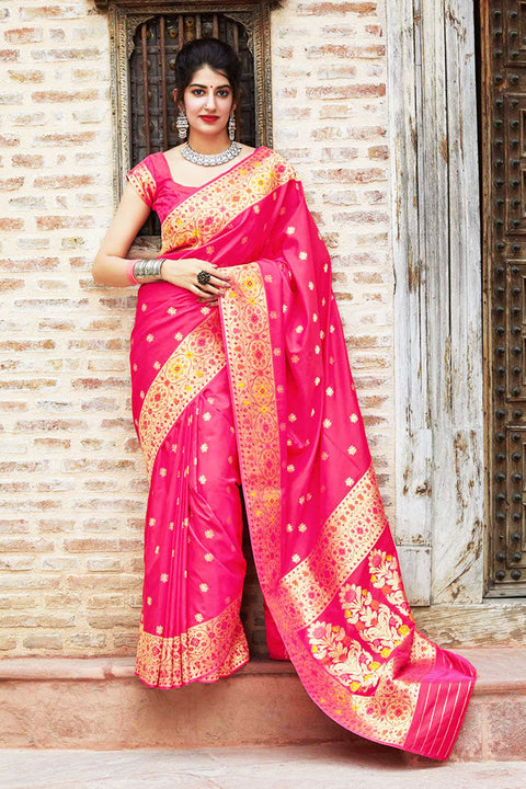 Banarasi Super Soft Silk Designer Rani Pink Color Saree - PAAIE