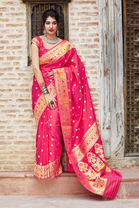 Banarasi Super Soft Silk Designer Rani Pink Color Saree - PAAIE