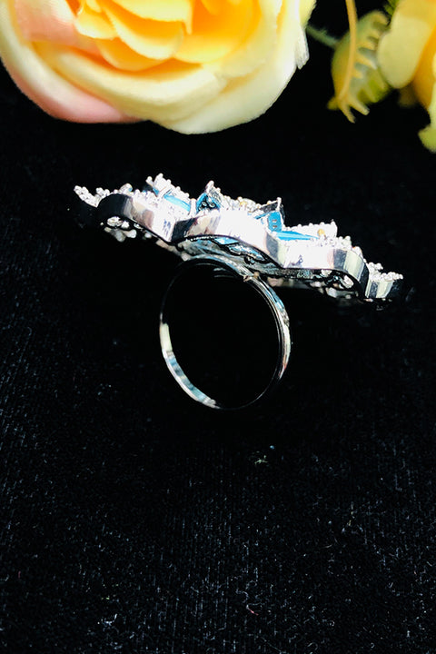 Silver Plated Blue Color Stone American Diamond Floral Ring (D218)