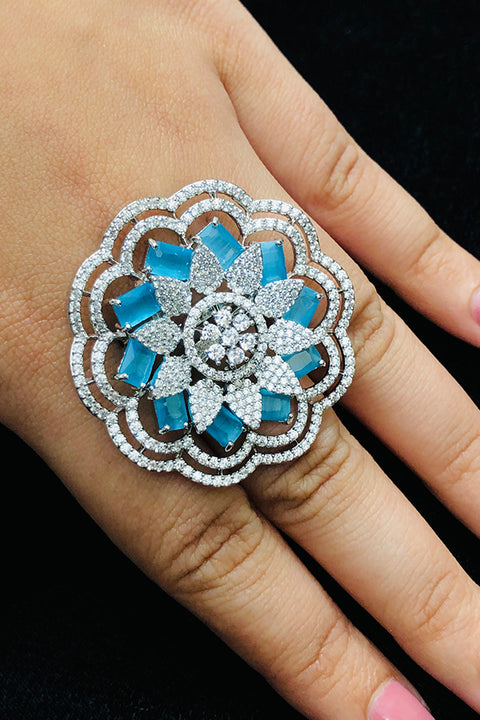 Silver Plated Blue Color Stone American Diamond Floral Ring (D218)